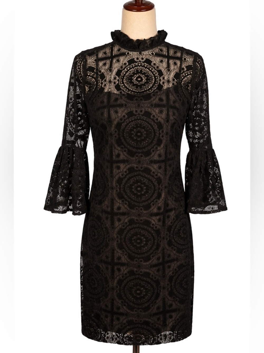 Unusual Calvin Klein bell sleeve lace mini dress sheer, exposed zipper- XS/ S